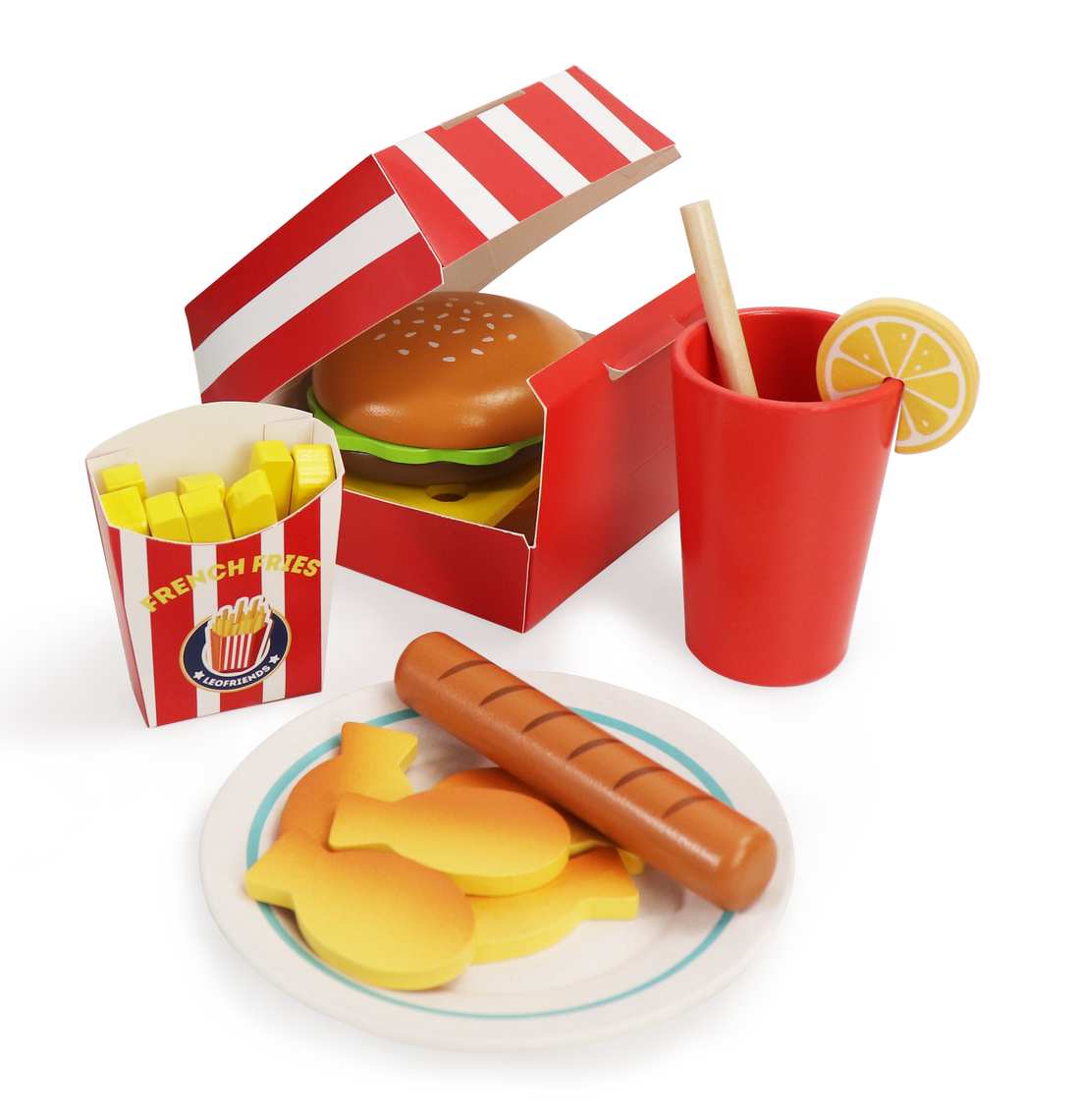 Leo & Friends 40-Piece Wooden Play Food Set – Snack Shop with Drink Dispenser Ages 3+
