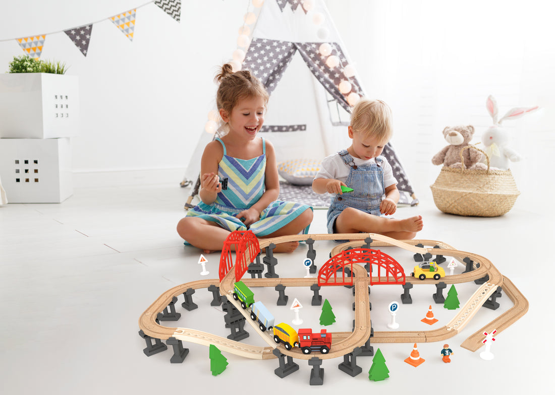 Leo & Friends Wooden Railway Bridge Set – 107-Piece Toy Car Playset