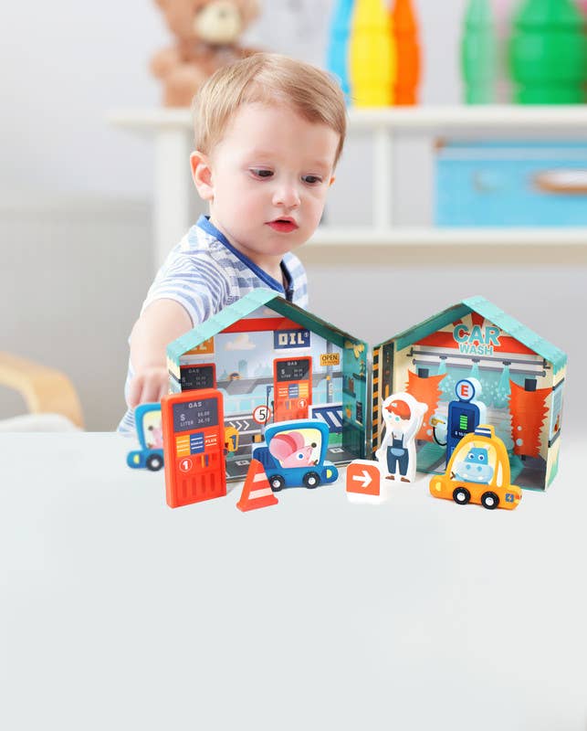Leo & Friends City Gas Station – 10-Piece Wooden Pretend Play Set for Kids 3+