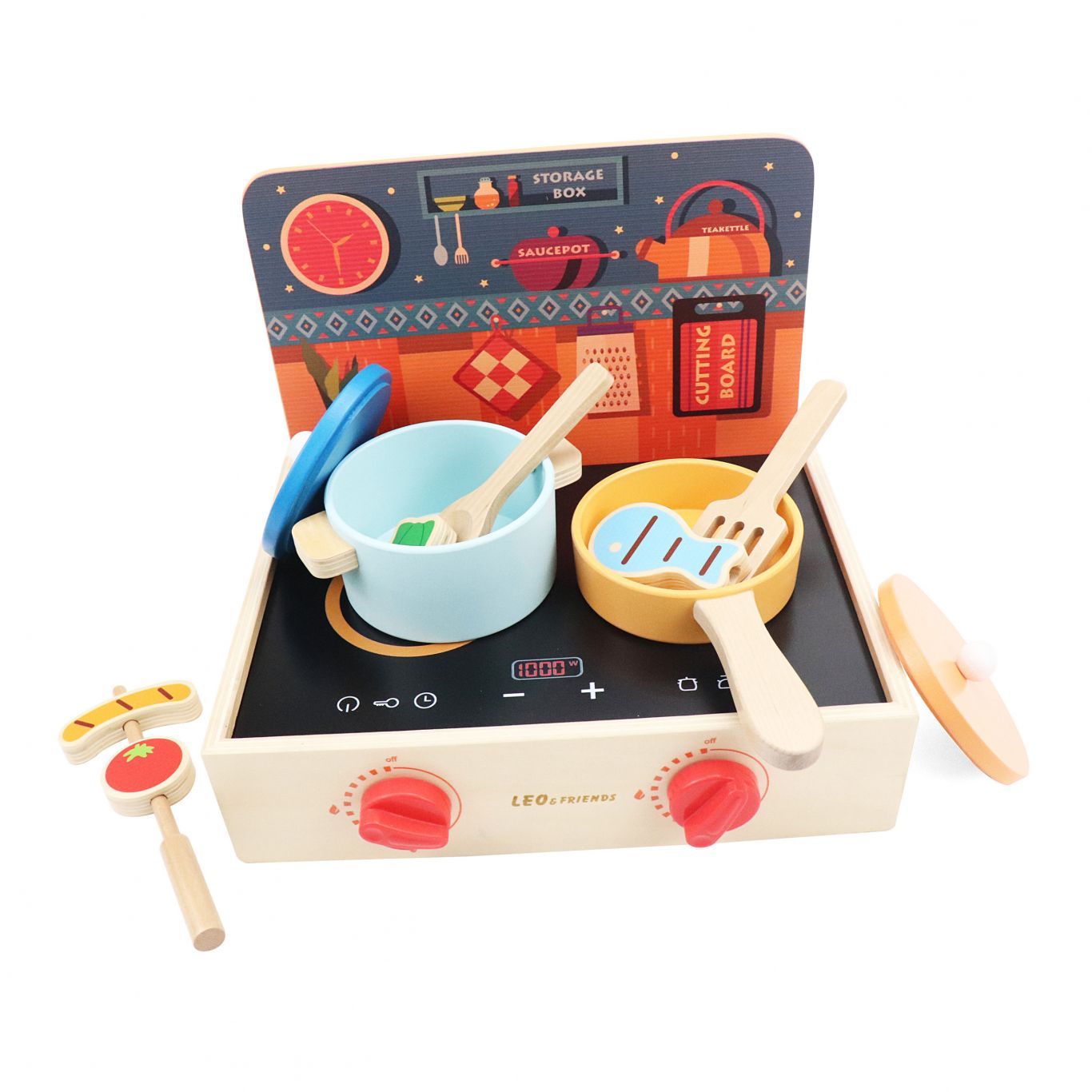 Leo & Friends 2-in-1 Mini Kitchen Wooden Play Set – 15-Piece Pretend Cooking Kit for Kids 24M+