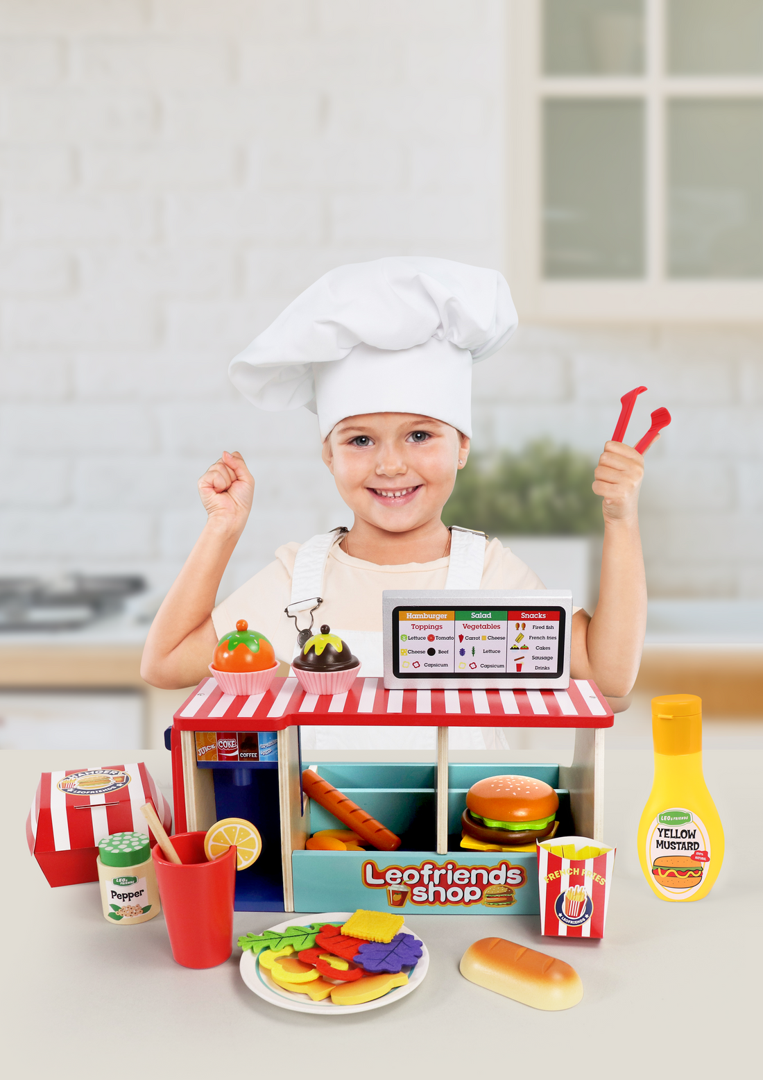 Leo & Friends 40-Piece Wooden Play Food Set – Snack Shop with Drink Dispenser Ages 3+