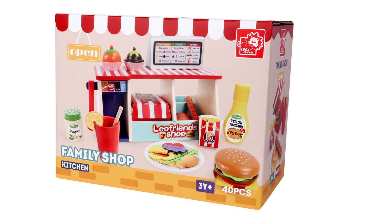 Leo & Friends 40-Piece Wooden Play Food Set – Snack Shop with Drink Dispenser Ages 3+