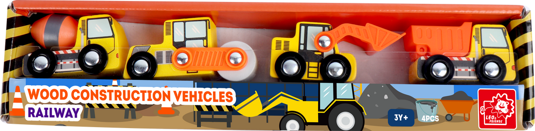 Leo & Friends Wooden Construction Vehicles – 4 Piece Set for Creative Play 3+