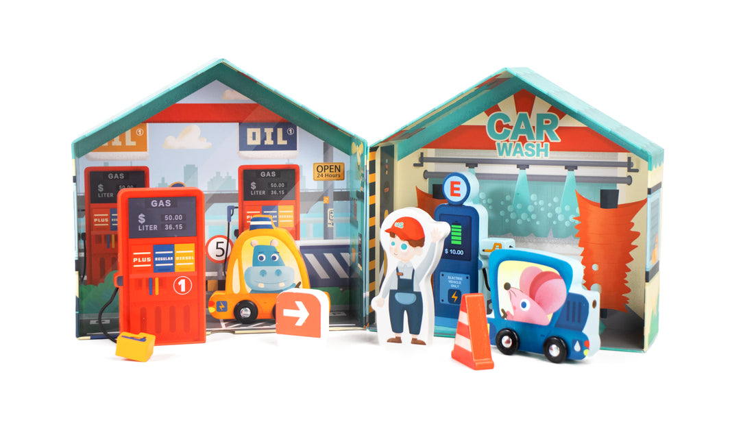 Leo & Friends City Gas Station – 10-Piece Wooden Pretend Play Set for Kids 3+