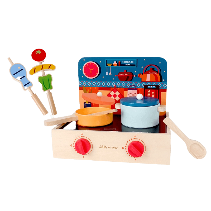 Leo & Friends 2-in-1 Mini Kitchen Wooden Play Set – 15-Piece Pretend Cooking Kit for Kids 24M+