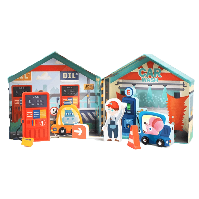 Leo & Friends City Gas Station – 10-Piece Wooden Pretend Play Set for Kids 3+