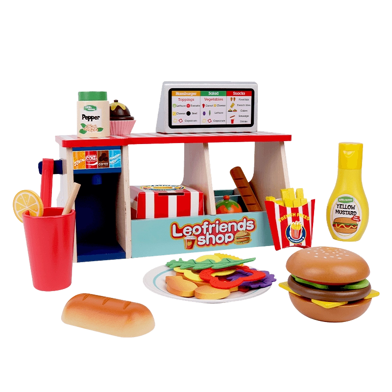 Leo & Friends 40-Piece Wooden Play Food Set – Snack Shop with Drink Dispenser Ages 3+