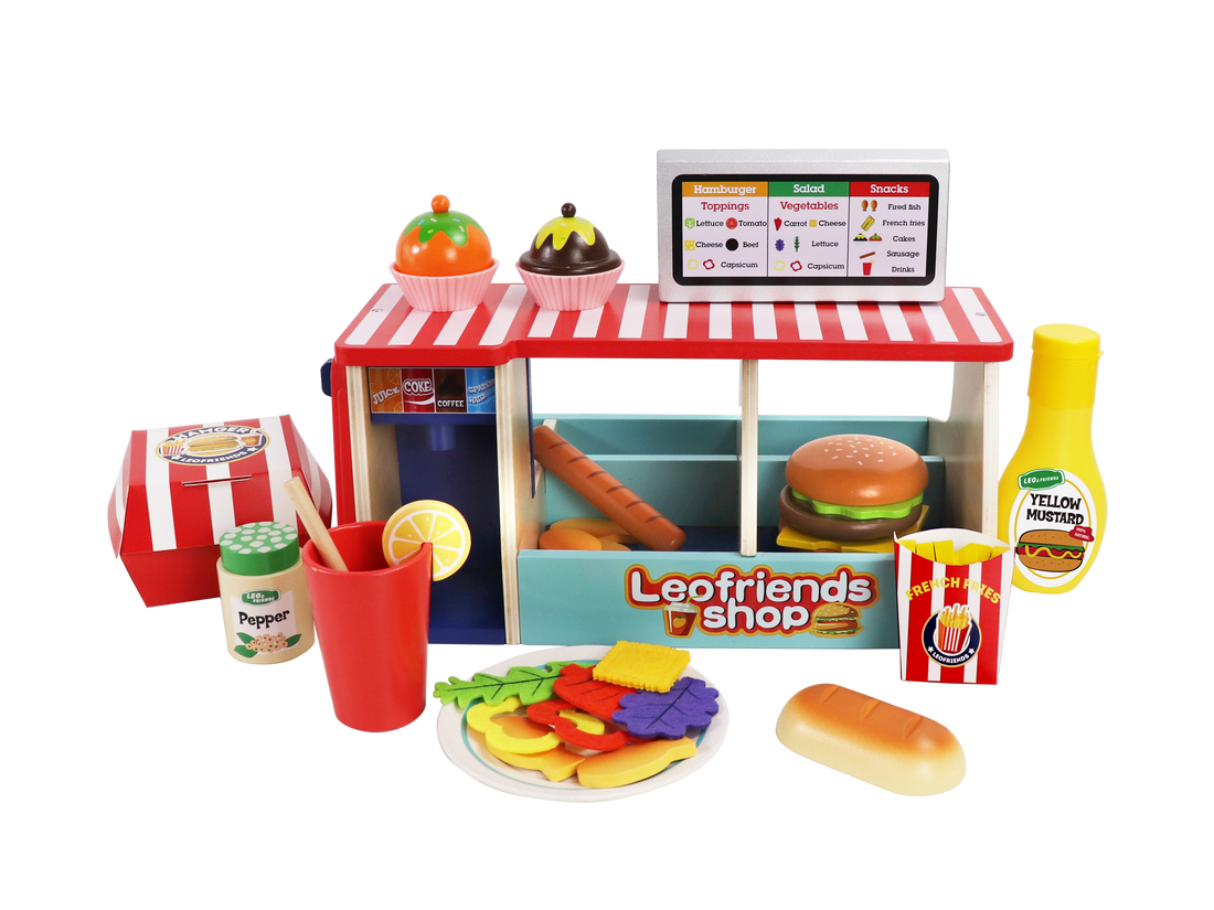 Leo & Friends 40-Piece Wooden Play Food Set – Snack Shop with Drink Dispenser Ages 3+