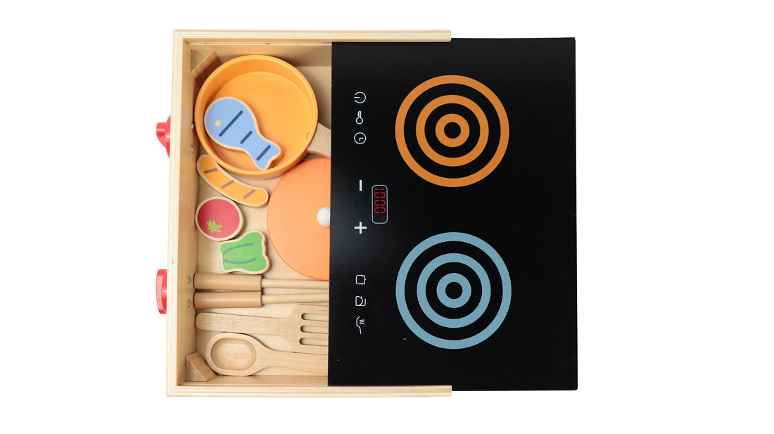 Leo & Friends 2-in-1 Mini Kitchen Wooden Play Set – 15-Piece Pretend Cooking Kit for Kids 24M+