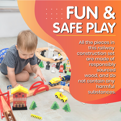Leo & Friends Railway City Set – 100-Piece Wooden Train & Building Block Kit for Kids 3+