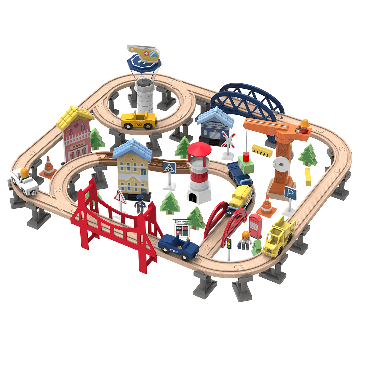 Leo & Friends Railway City Set – 100-Piece Wooden Train & Building Block Kit for Kids 3+