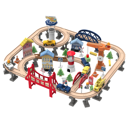 Leo & Friends Railway City Set – 100-Piece Wooden Train & Building Block Kit for Kids 3+