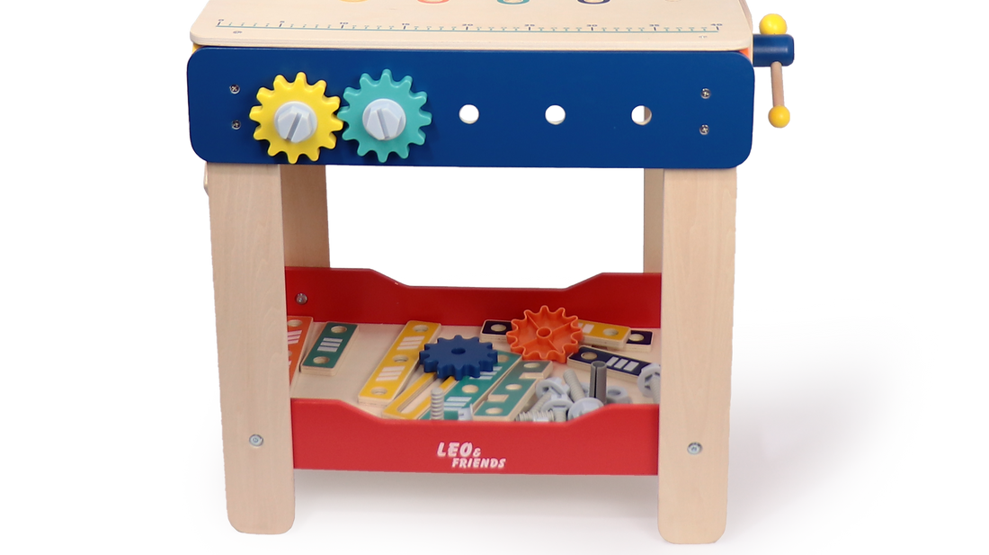 Leo & Friends Master Workbench – Adjustable Wooden Tool Bench with Play Tools for Kids 3+