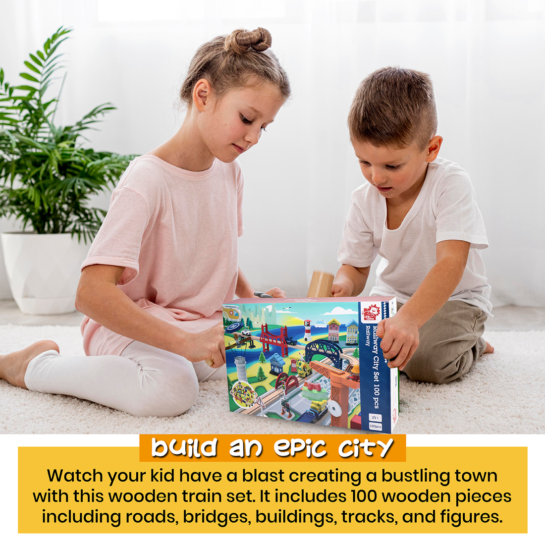 Leo & Friends Railway City Set – 100-Piece Wooden Train & Building Block Kit for Kids 3+