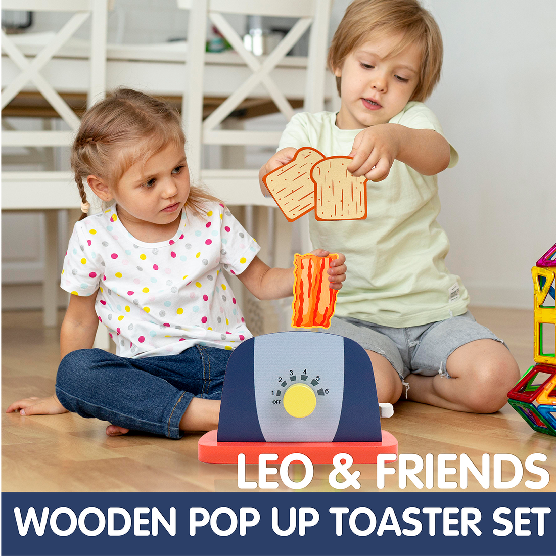 Leo & Friends Wooden Pop Up Toaster Set – 7-Piece Play Kitchen Toy