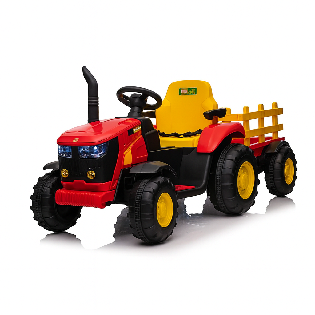 Kids Ride On Electric Tractor and Trailer in Red | 12V