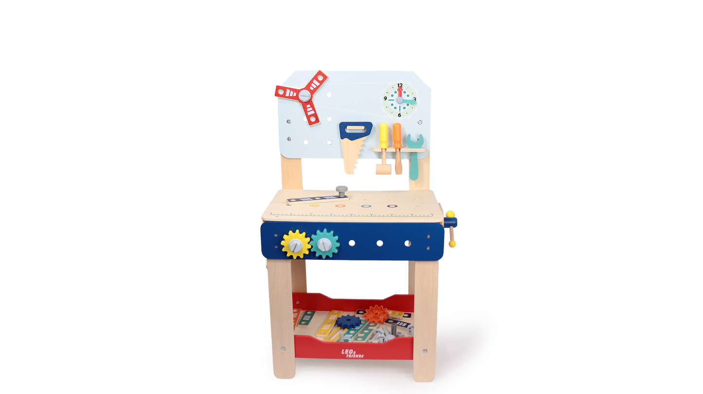 Leo & Friends Master Workbench – Adjustable Wooden Tool Bench with Play Tools for Kids 3+