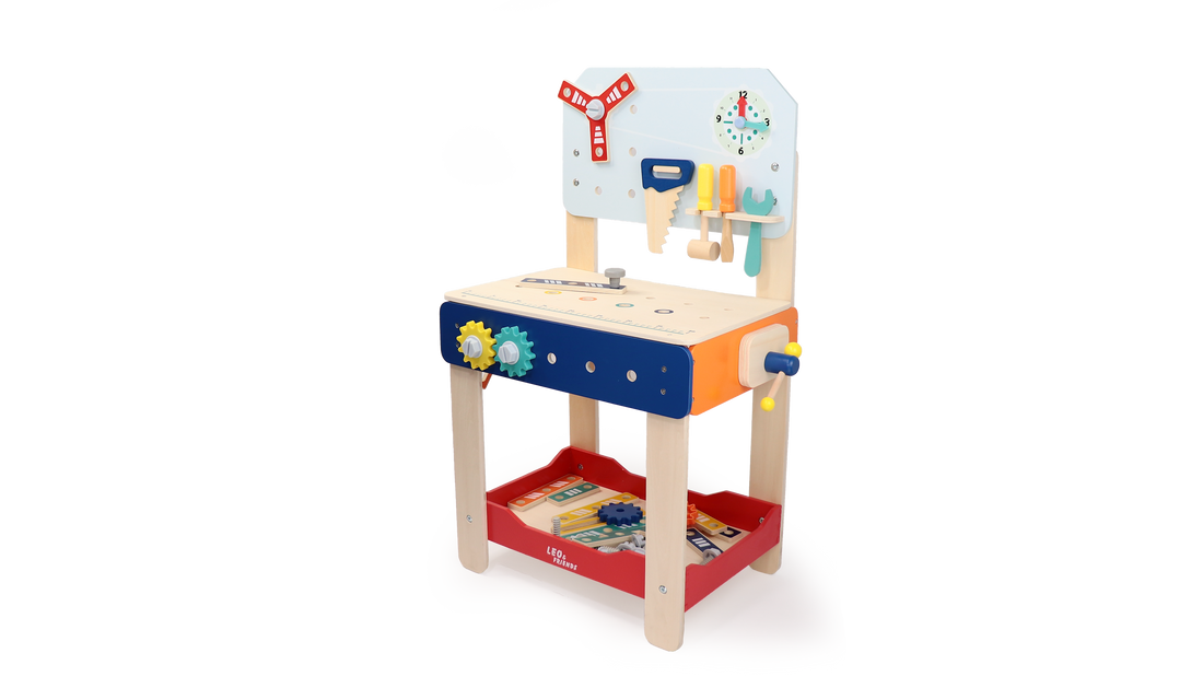 Leo & Friends Master Workbench – Adjustable Wooden Tool Bench with Play Tools for Kids 3+