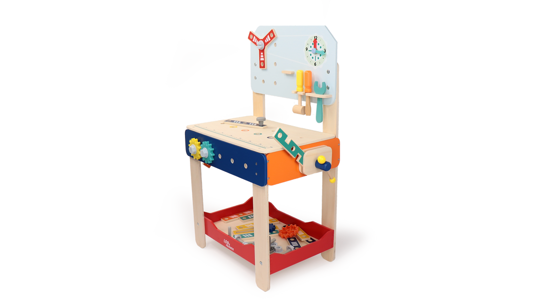 Leo & Friends Master Workbench – Adjustable Wooden Tool Bench with Play Tools for Kids 3+