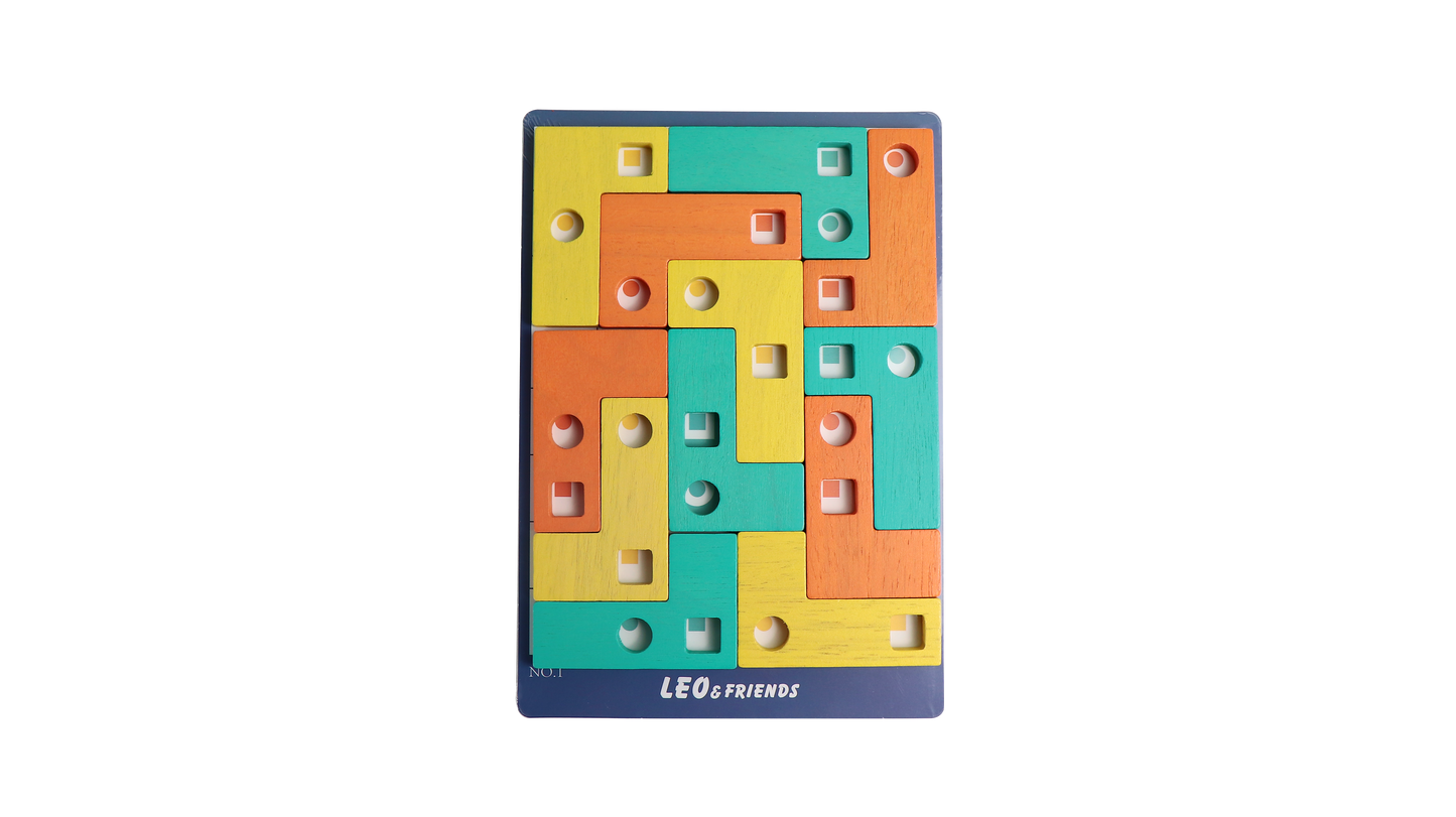 Leo & Friends Wooden L-Shaped Geometric Matching Game – 30 Challenge Cards, Magnetic Puzzle for Kids 3+