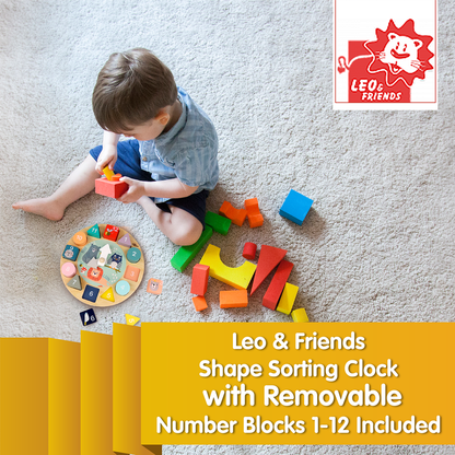 Leo & Friends Wooden Shape Sorting Clock with 12 Removable Blocks