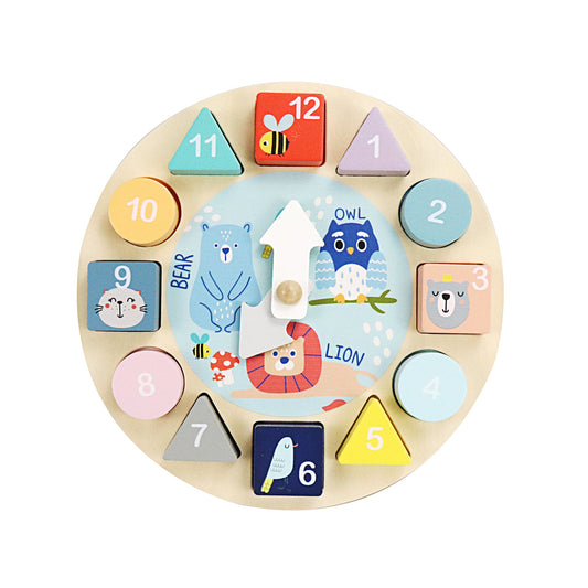 Leo & Friends Wooden Shape Sorting Clock with 12 Removable Blocks