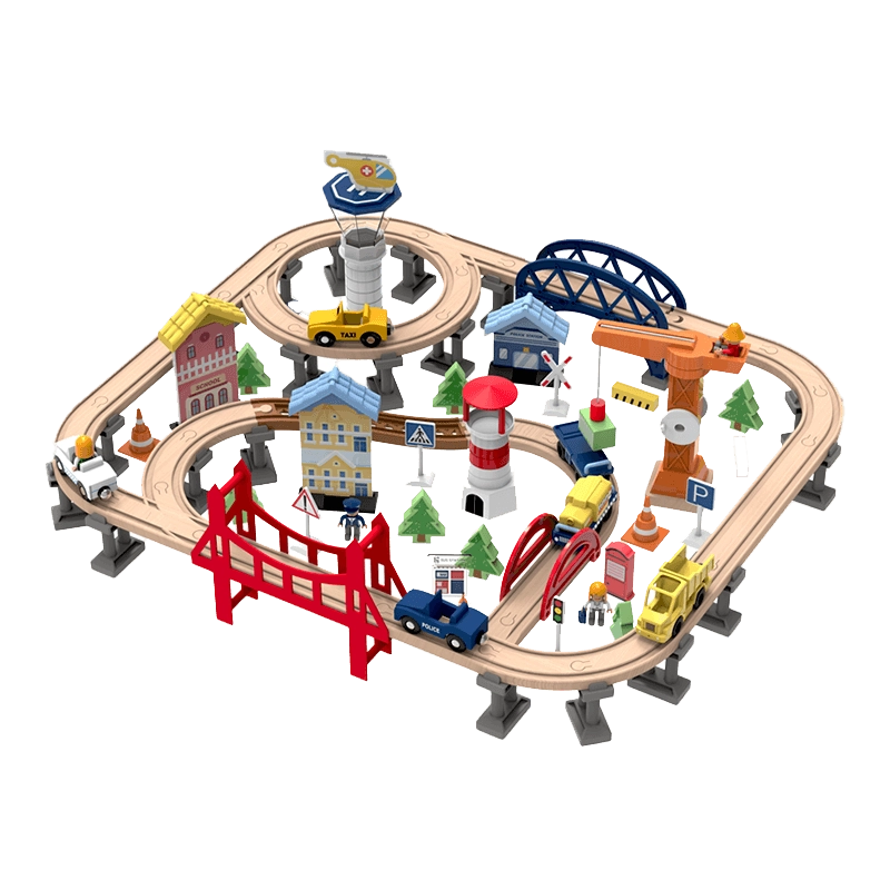 Leo & Friends Railway City Set – 100-Piece Wooden Train & Building Block Kit for Kids 3+