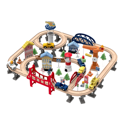 Leo & Friends Railway City Set – 100-Piece Wooden Train & Building Block Kit for Kids 3+
