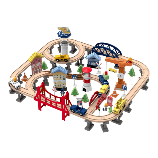 Leo & Friends Railway City Set – 100-Piece Wooden Train & Building Block Kit for Kids 3+