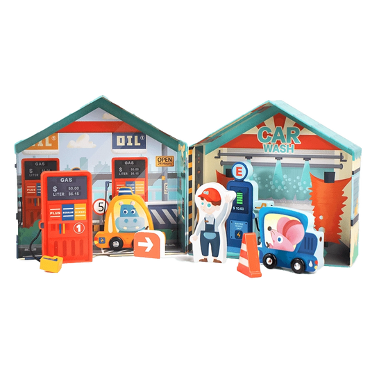 Leo & Friends City Gas Station – 10-Piece Wooden Pretend Play Set for Kids 3+
