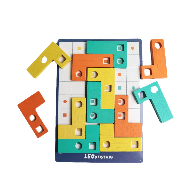Leo & Friends Wooden L-Shaped Geometric Matching Game – 30 Challenge Cards, Magnetic Puzzle for Kids 3+