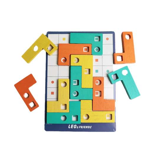 Leo & Friends Wooden L-Shaped Geometric Matching Game – 30 Challenge Cards, Magnetic Puzzle for Kids 3+