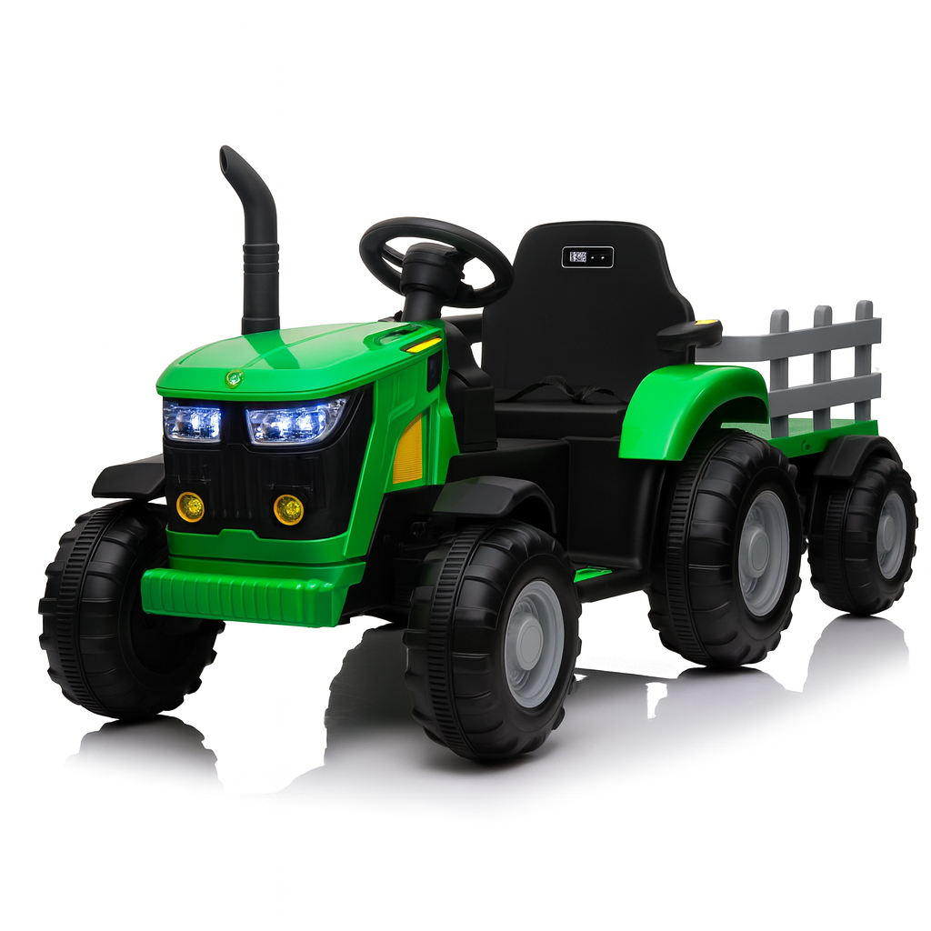 Green toy tractor with black seat and trailer on a white background