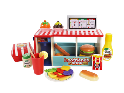 Leo & Friends 40-Piece Wooden Play Food Set – Snack Shop with Drink Dispenser Ages 3+