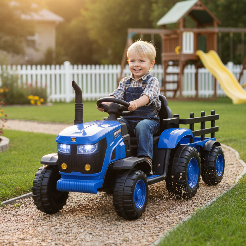 Kids Ride On Electric Tractor and Trailer in Blue | 12V