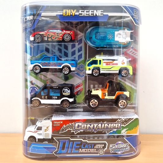 Die-Cast Car & Truck Playset – 6 Alloy Vehicles