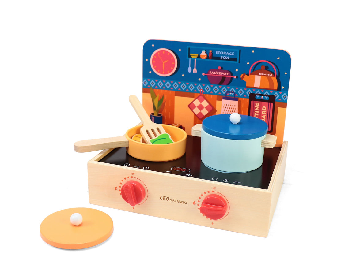 Leo & Friends 2-in-1 Mini Kitchen Wooden Play Set – 15-Piece Pretend Cooking Kit for Kids 24M+