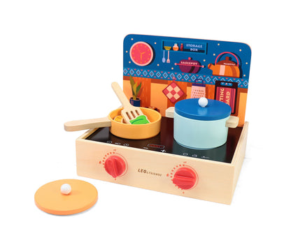 Leo & Friends 2-in-1 Mini Kitchen Wooden Play Set – 15-Piece Pretend Cooking Kit for Kids 24M+