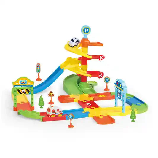 DIY City Parking Playset – 34 Pieces with Spiral Ramp & Mini Cars