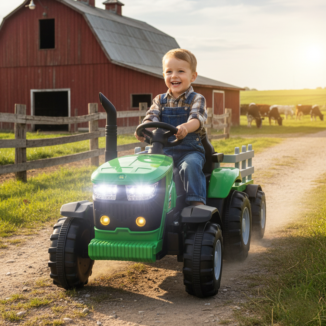 Kids Ride On Electric Tractor and Trailer in Green | 12V
