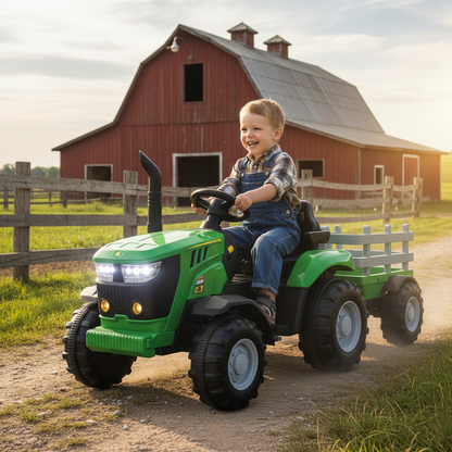 Kids Ride On Electric Tractor and Trailer in Green | 12V