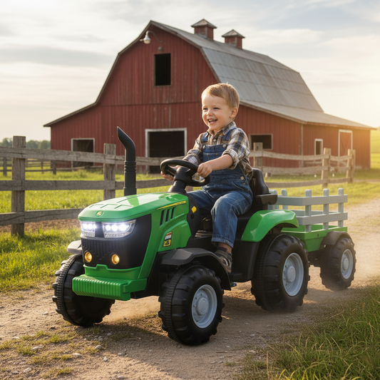 Kids Ride On Electric Tractor and Trailer in Green | 12V