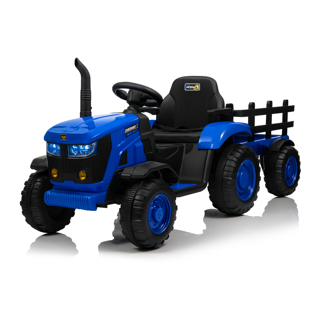 Blue toy tractor with black seat and trailer on a white background