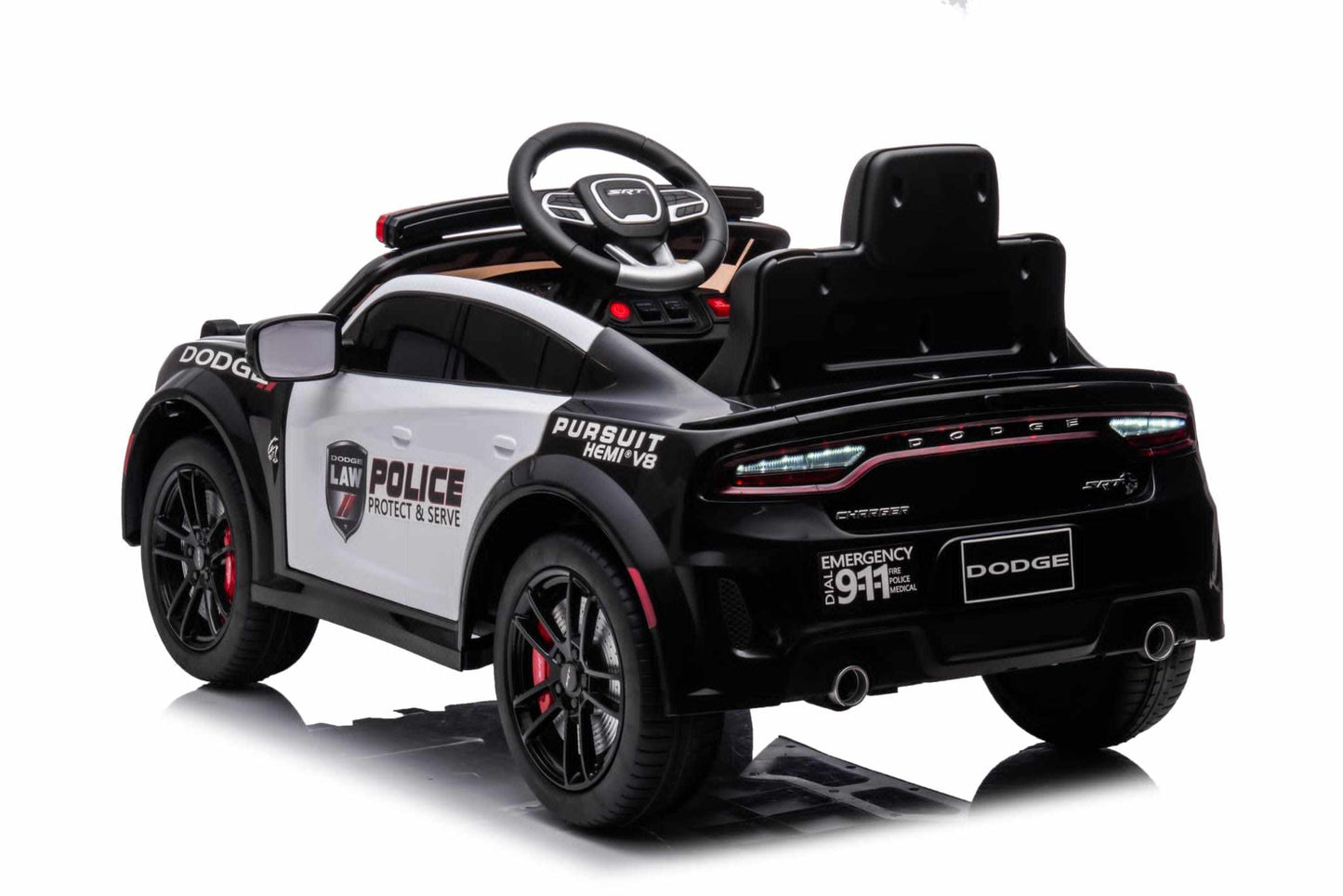 Kids’ 12V Black / White Electric Dodge Police Car – With Microphone - In Stock