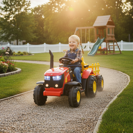 Kids Ride On Electric Tractor and Trailer in Red | 12V