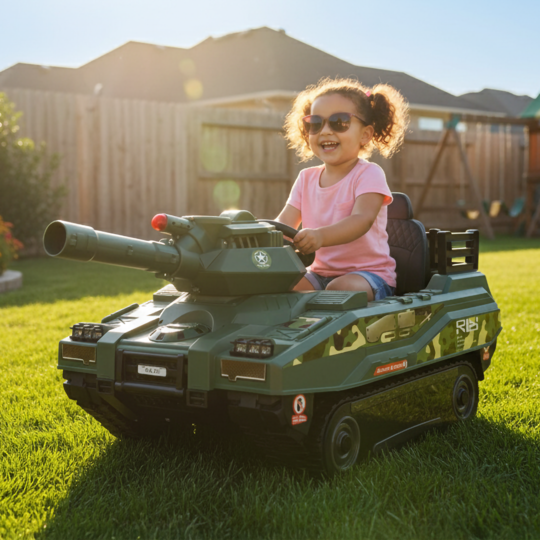 Kids Tank Ride 24V Kids Electric Army Tank Ride-on with Ball Shooter & Remote Control ...